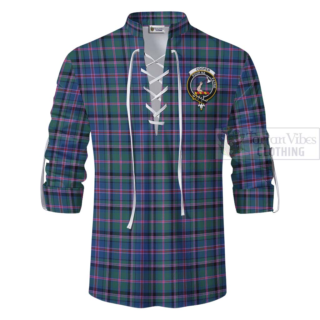 Tartan Vibes Clothing Cooper Tartan Ghillie Kilt Shirt with Family Crest and Bearded Skull Holding Bottles of Whiskey