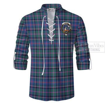 Cooper Tartan Ghillie Kilt Shirt with Family Crest and Bearded Skull Holding Bottles of Whiskey