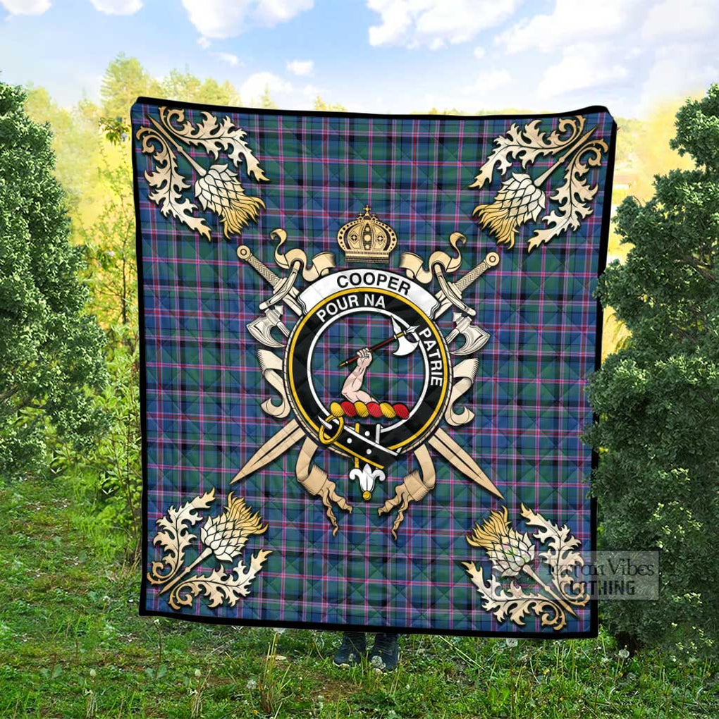 Tartan Vibes Clothing Cooper Tartan Quilt with Family Crest and Scottish Golden Courage Shield