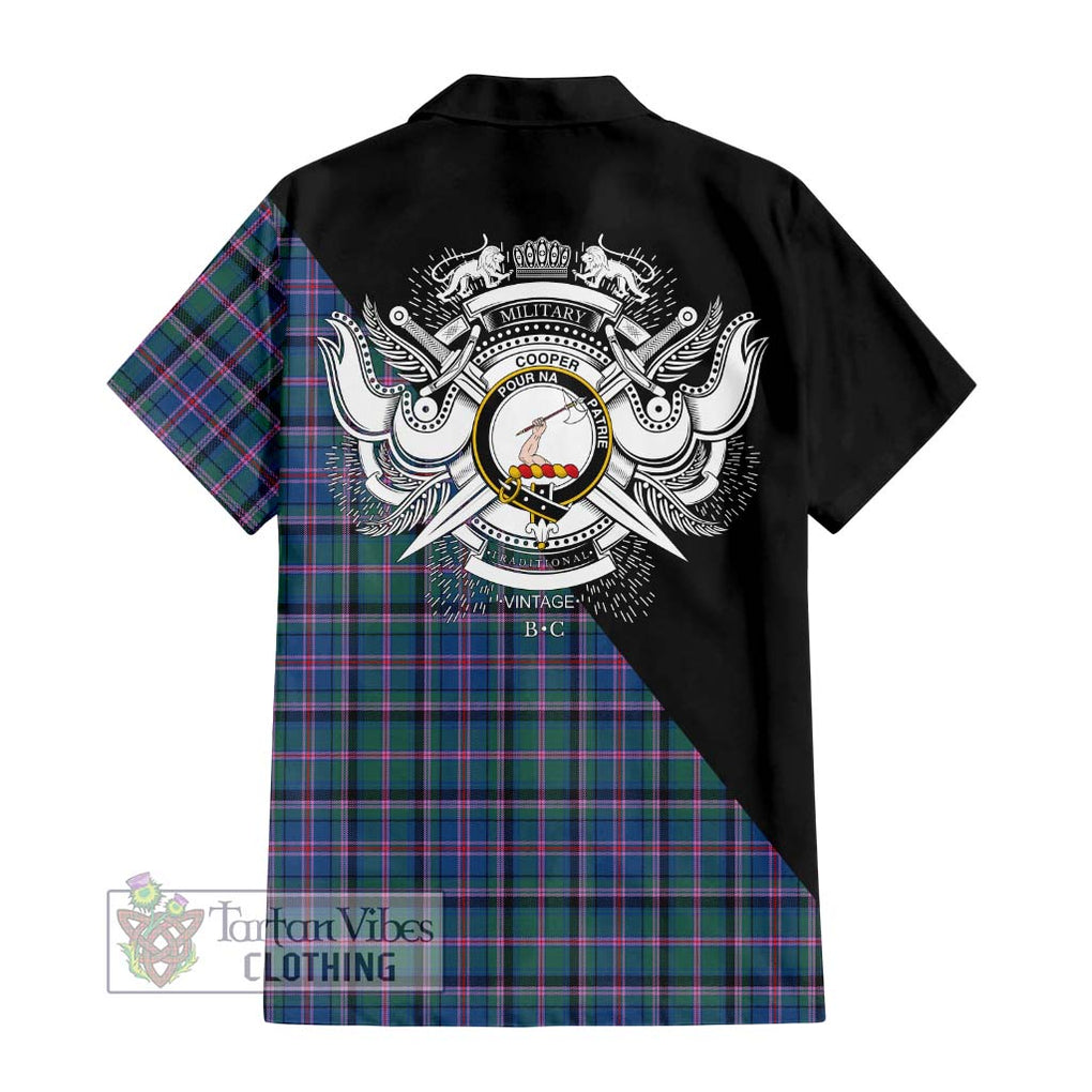 Cooper Tartan Short Sleeve Button Shirt with Family Crest and Military Logo Style - Tartanvibesclothing Shop