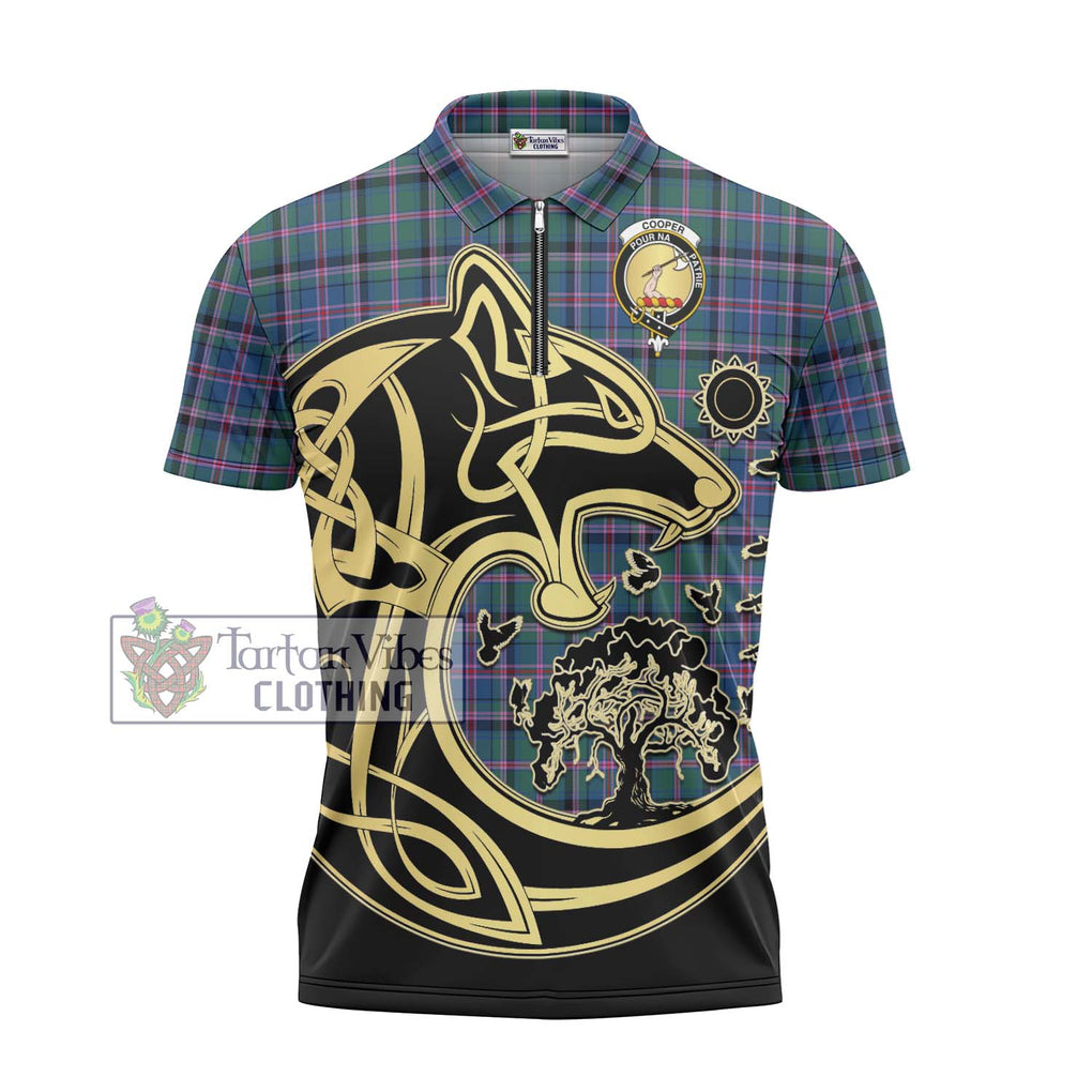 Cooper Tartan Zipper Polo Shirt with Family Crest Celtic Wolf Style - Tartanvibesclothing Shop