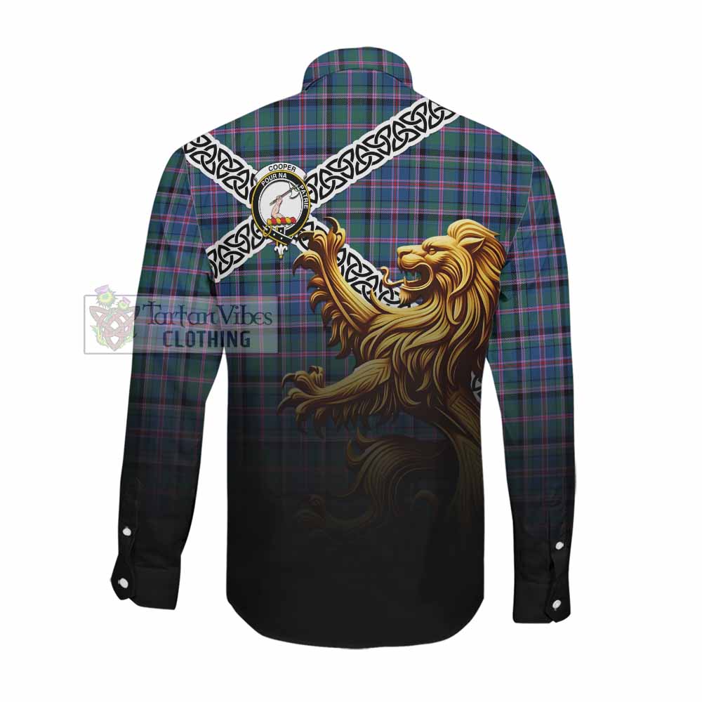 Cooper Crest Tartan Long Sleeve Button Shirt with Golden Lion Emblem Celtic Style Men's Shirt - Tartan Vibes Clothing