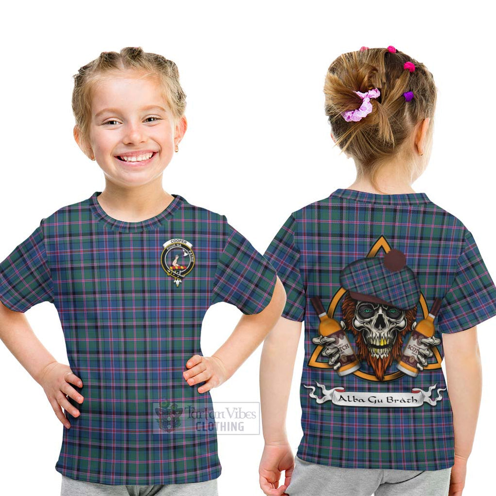 Tartan Vibes Clothing Cooper Tartan Kid T-Shirt with Family Crest and Bearded Skull Holding Bottles of Whiskey