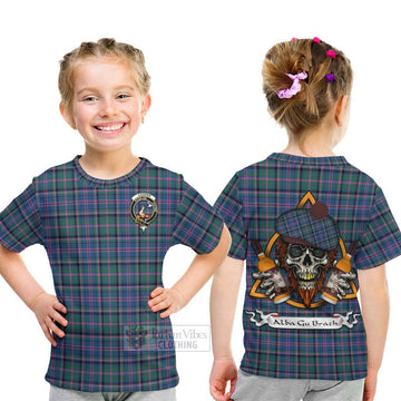 Cooper Tartan Kid T-Shirt with Family Crest and Bearded Skull Holding Bottles of Whiskey