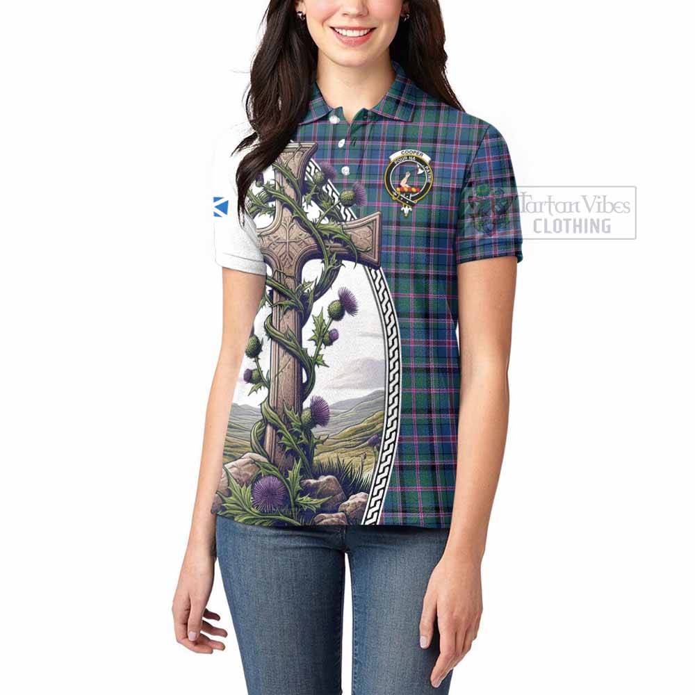 Tartan Vibes Clothing Cooper Tartan Women's Polo Shirt with Family Crest and St. Andrew's Cross Accented by Thistle Vines