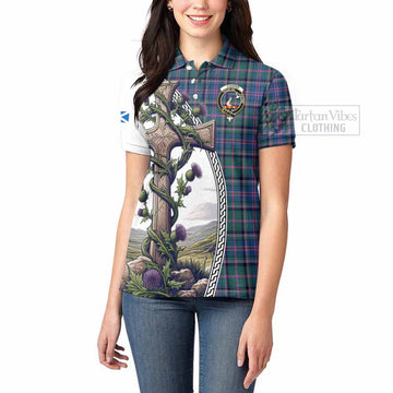 Cooper Tartan Women's Polo Shirt with Family Crest and St. Andrew's Cross Accented by Thistle Vines