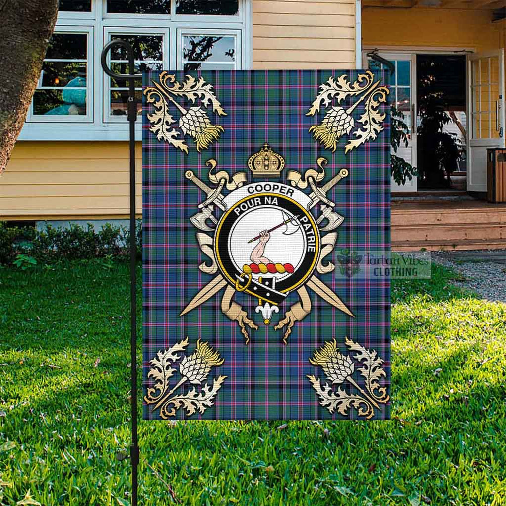 Tartan Vibes Clothing Cooper Tartan Flag with Family Crest and Golden Thistle Crossed Sword Design