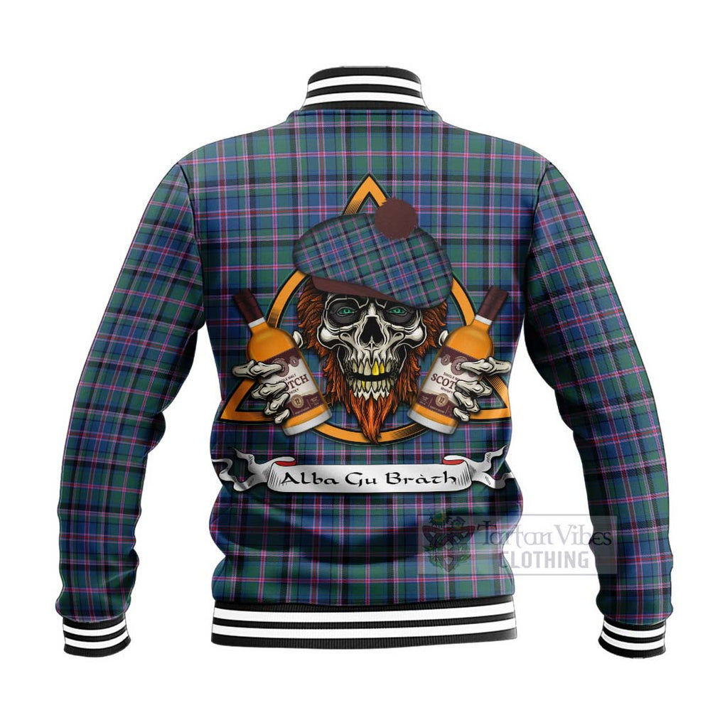 Tartan Vibes Clothing Cooper Tartan Baseball Jacket with Family Crest and Bearded Skull Holding Bottles of Whiskey