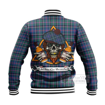 Cooper Tartan Baseball Jacket with Family Crest and Bearded Skull Holding Bottles of Whiskey