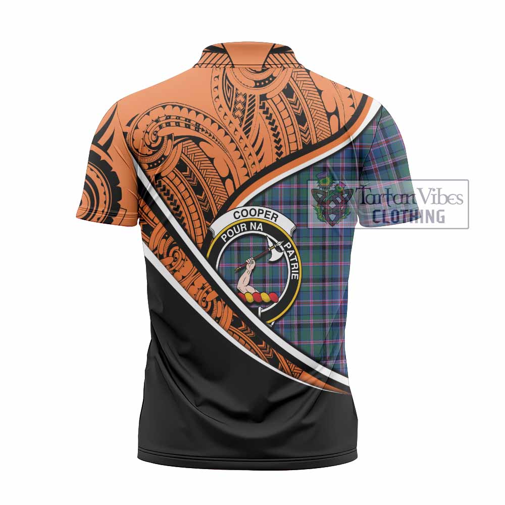 Tartan Vibes Clothing Cooper Crest Tartan Zipper Polo Shirt with Maori Tattoo Style - Orange Version