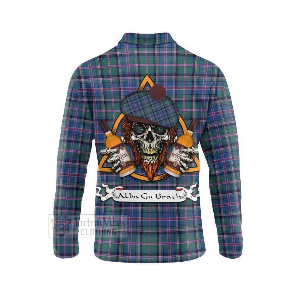 Tartan Vibes Clothing Cooper Tartan Long Sleeve Polo Shirt with Family Crest and Bearded Skull Holding Bottles of Whiskey