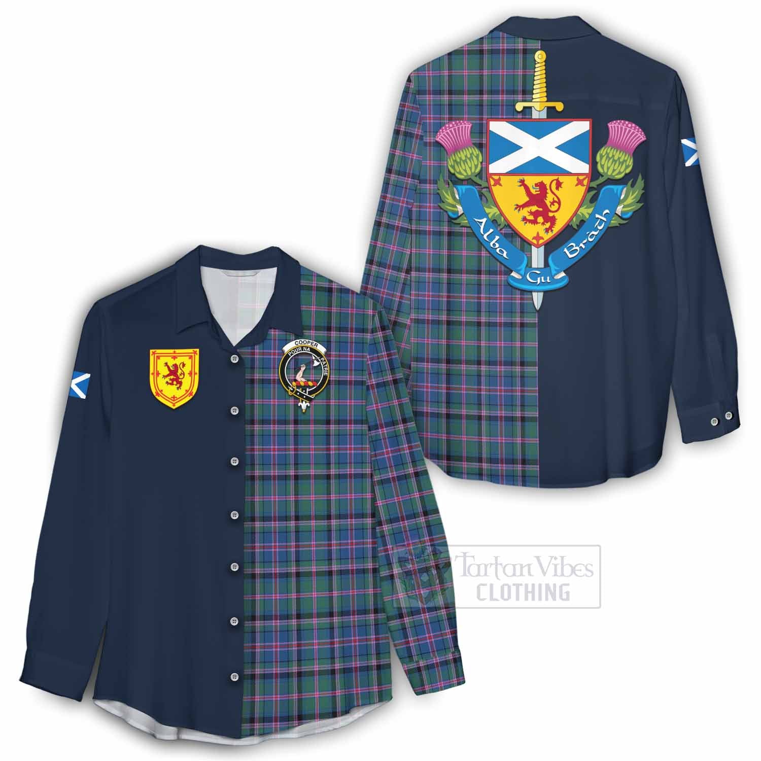 Tartan Vibes Clothing Cooper Tartan Women's Casual Shirt Alba with Scottish Lion Royal Arm Half Style