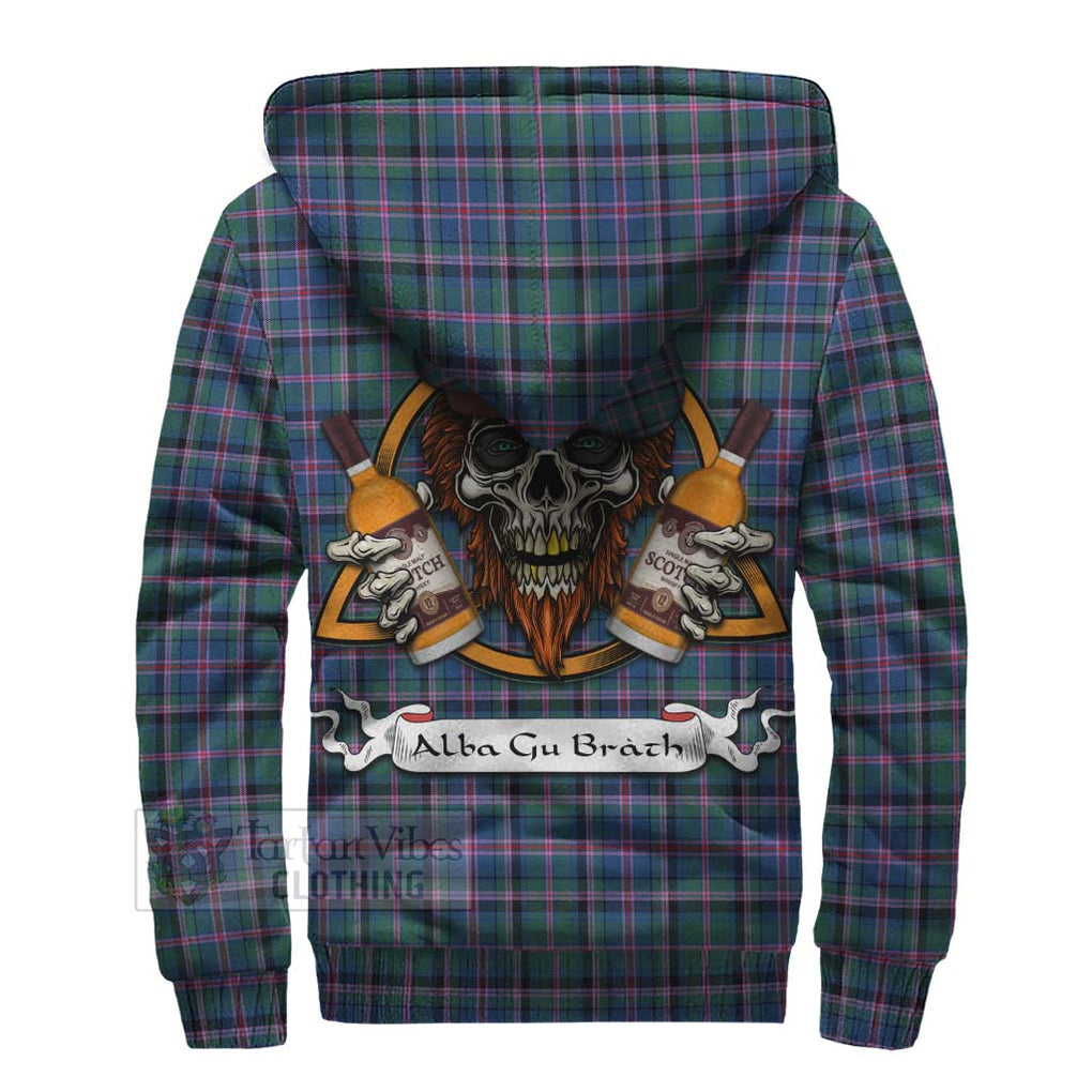 Tartan Vibes Clothing Cooper Tartan Sherpa Hoodie with Family Crest and Bearded Skull Holding Bottles of Whiskey