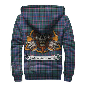 Cooper Tartan Sherpa Hoodie with Family Crest and Bearded Skull Holding Bottles of Whiskey