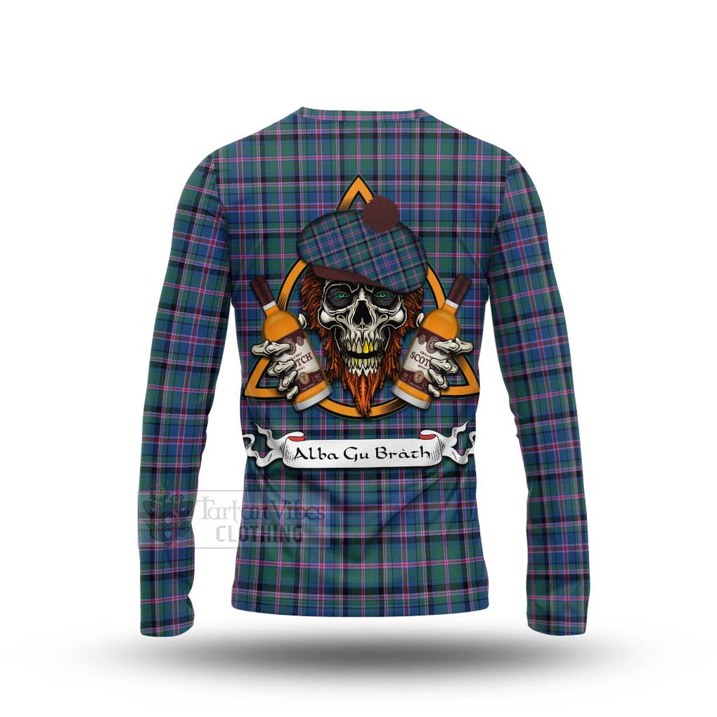 Tartan Vibes Clothing Cooper Tartan Long Sleeve T-Shirt with Family Crest and Bearded Skull Holding Bottles of Whiskey