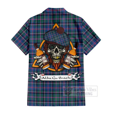 Cooper Tartan Short Sleeve Button Shirt with Family Crest and Bearded Skull Holding Bottles of Whiskey