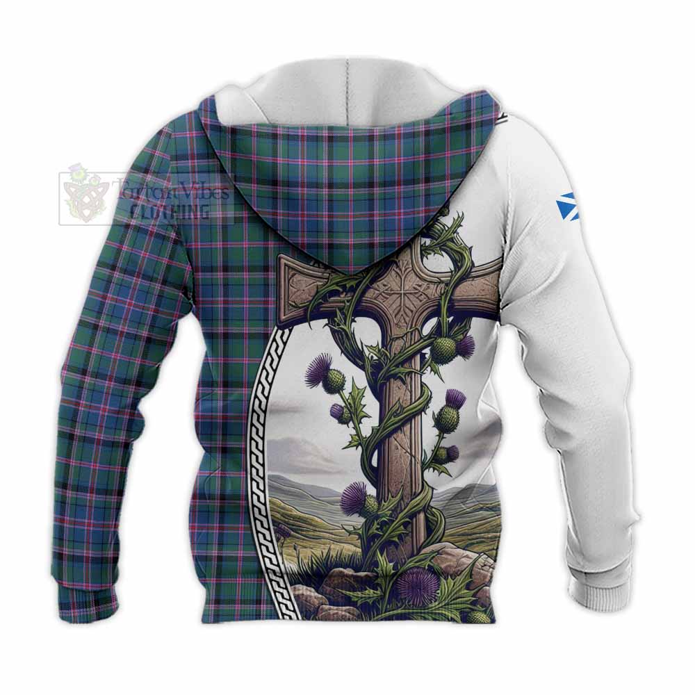 Tartan Vibes Clothing Cooper Tartan Knitted Hoodie with Family Crest and St. Andrew's Cross Accented by Thistle Vines