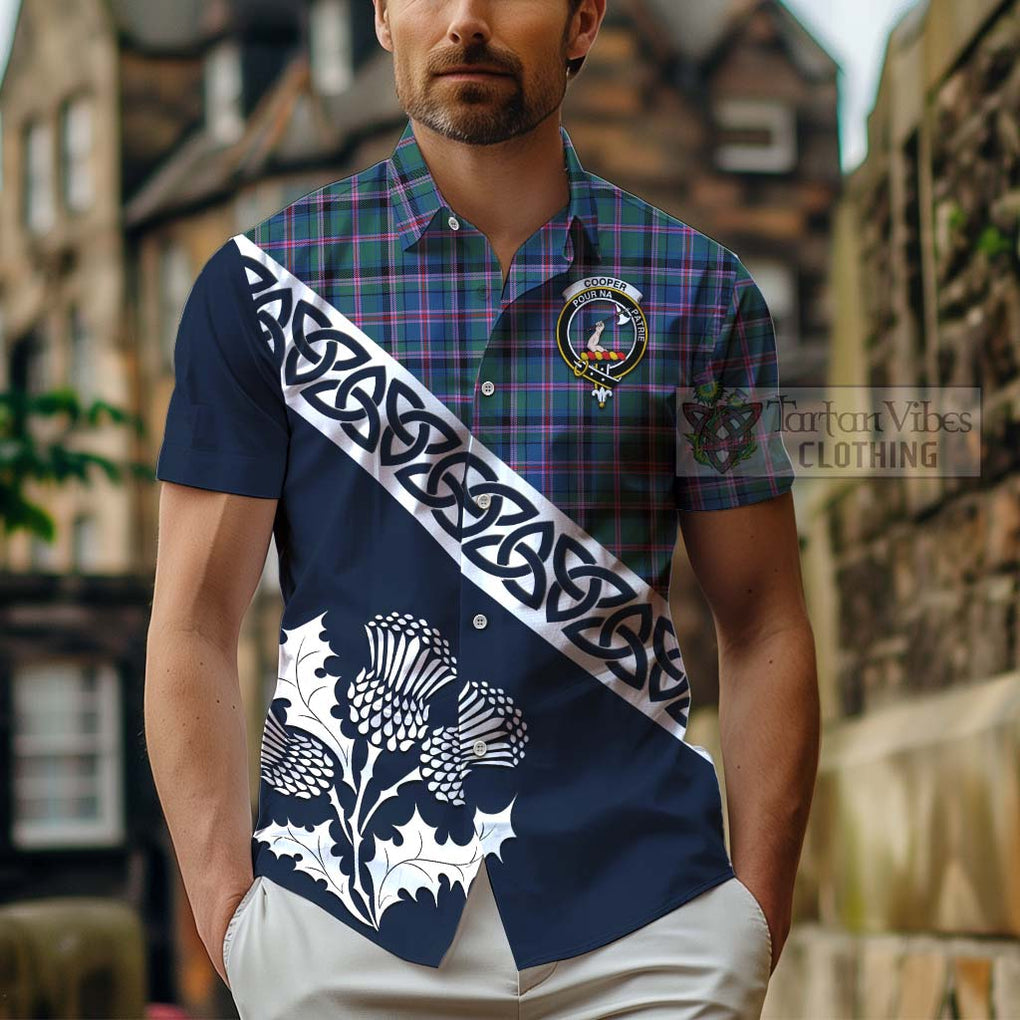 Tartan Vibes Clothing Cooper Tartan Short Sleeve Button Shirt Featuring Thistle and Scotland Map