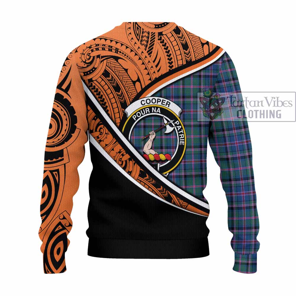 Tartan Vibes Clothing Cooper Crest Tartan Knitted Sweater with Maori Tattoo Style - Orange Version