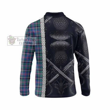 Cooper Tartan Long Sleeve Polo Shirt with Family Crest Cross Sword Thistle Celtic Vibes