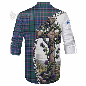 Cooper Tartan Ghillie Kilt Shirt with Family Crest and St. Andrew's Cross Accented by Thistle Vines