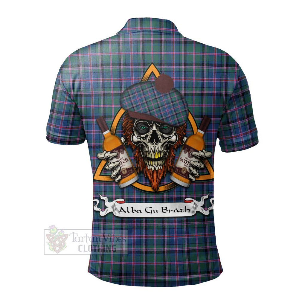 Tartan Vibes Clothing Cooper Tartan Polo Shirt with Family Crest and Bearded Skull Holding Bottles of Whiskey