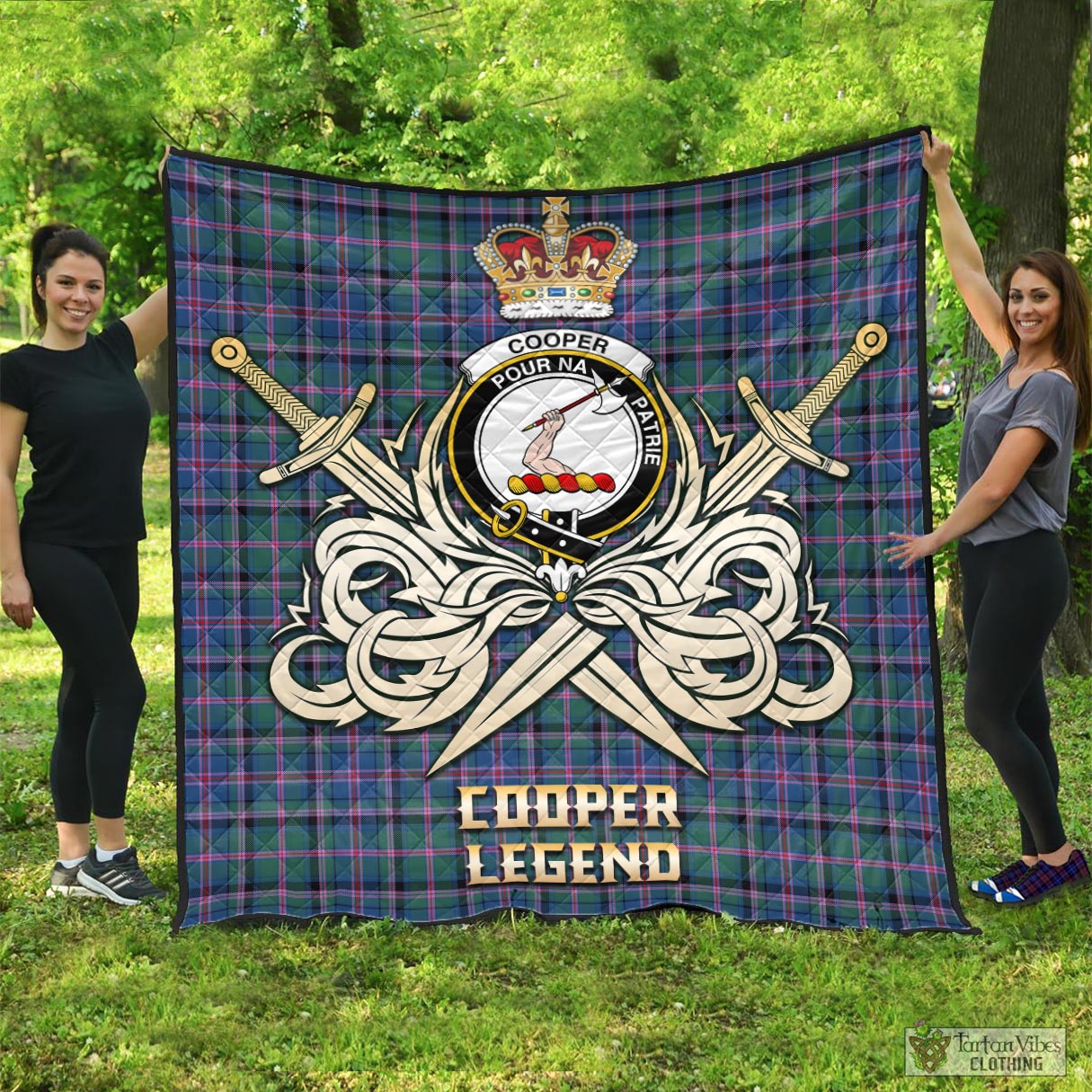 Tartan Vibes Clothing Cooper Tartan Quilt with Clan Crest and the Golden Sword of Courageous Legacy