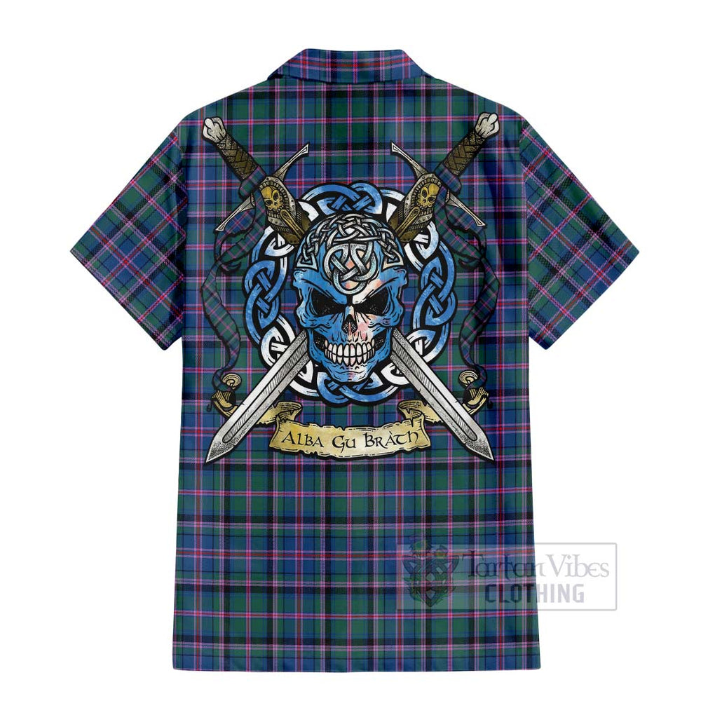 Tartan Vibes Clothing Cooper Tartan Short Sleeve Button Shirt with Family Crest Celtic Skull Style