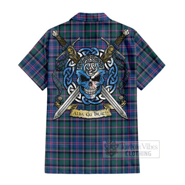 Cooper Tartan Short Sleeve Button Shirt with Family Crest Celtic Skull Style