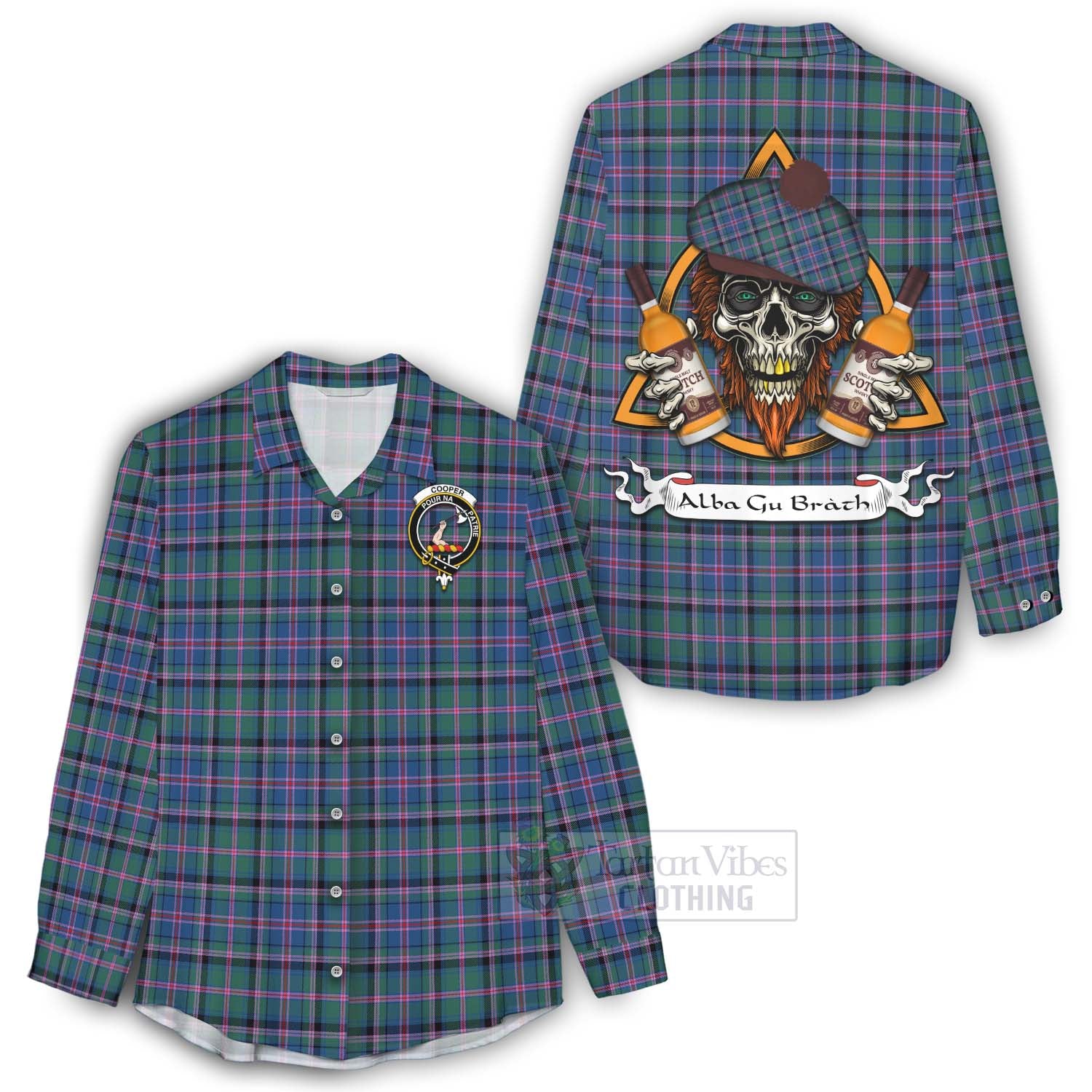 Tartan Vibes Clothing Cooper Tartan Women's Casual Shirt with Family Crest and Bearded Skull Holding Bottles of Whiskey