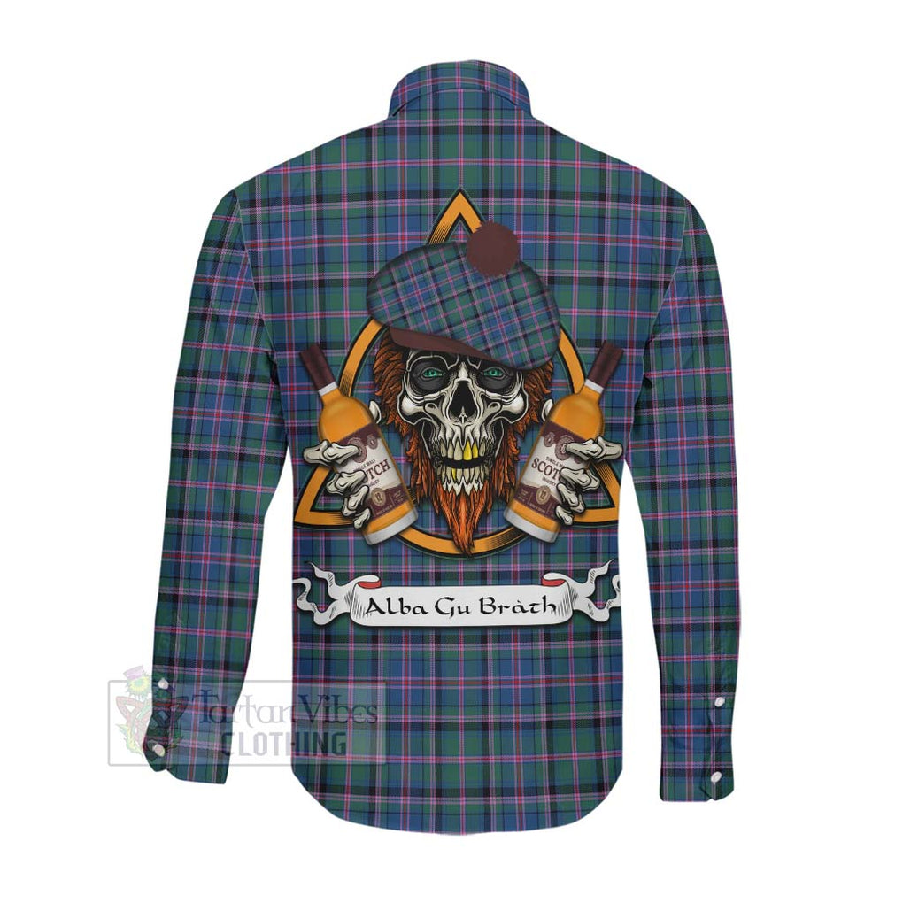 Tartan Vibes Clothing Cooper Tartan Long Sleeve Button Shirt with Family Crest and Bearded Skull Holding Bottles of Whiskey