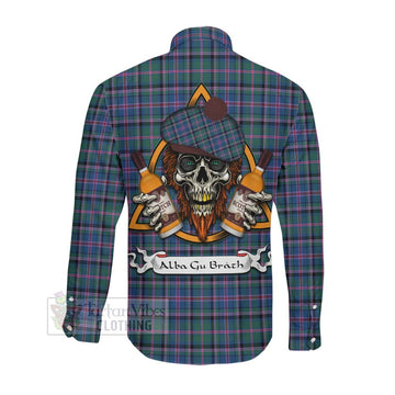 Cooper Tartan Long Sleeve Button Shirt with Family Crest and Bearded Skull Holding Bottles of Whiskey