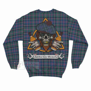 Cooper Tartan Sweatshirt with Family Crest and Bearded Skull Holding Bottles of Whiskey