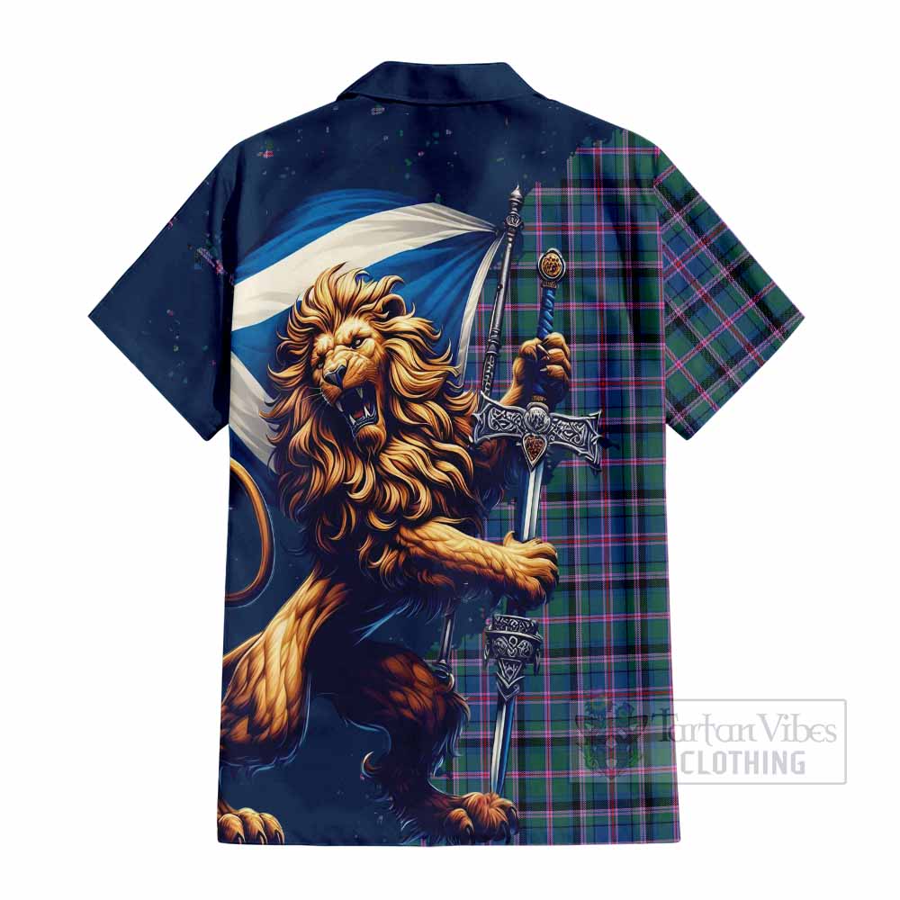 Tartan Vibes Clothing Cooper Tartan Family Crest Short Sleeve Button Shirt with Scottish Majestic Lion