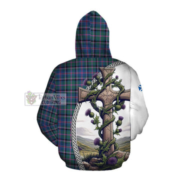 Cooper Tartan Cotton Hoodie with Family Crest and St. Andrew's Cross Accented by Thistle Vines Pullover Hoodie - Tartan Vibes Clothing