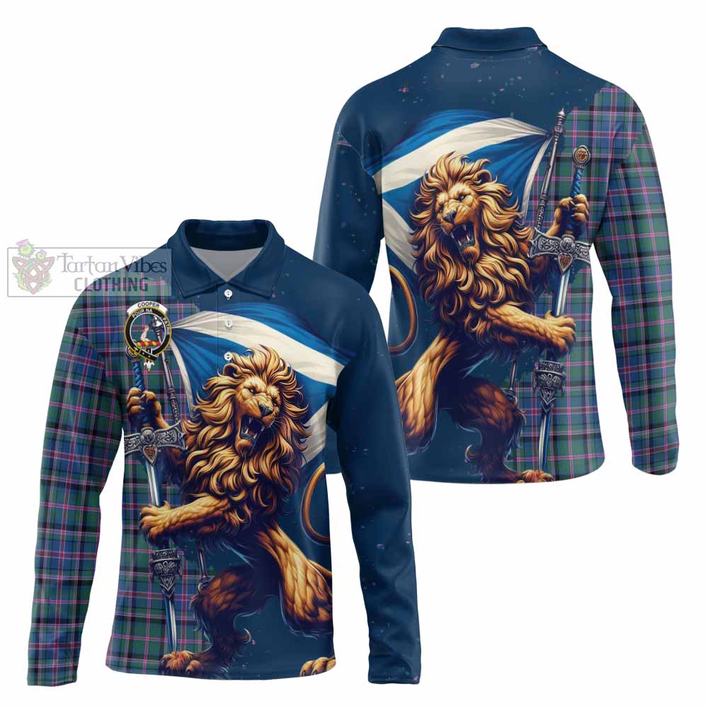 Tartan Vibes Clothing Cooper Tartan Family Crest Long Sleeve Polo Shirt with Scottish Majestic Lion