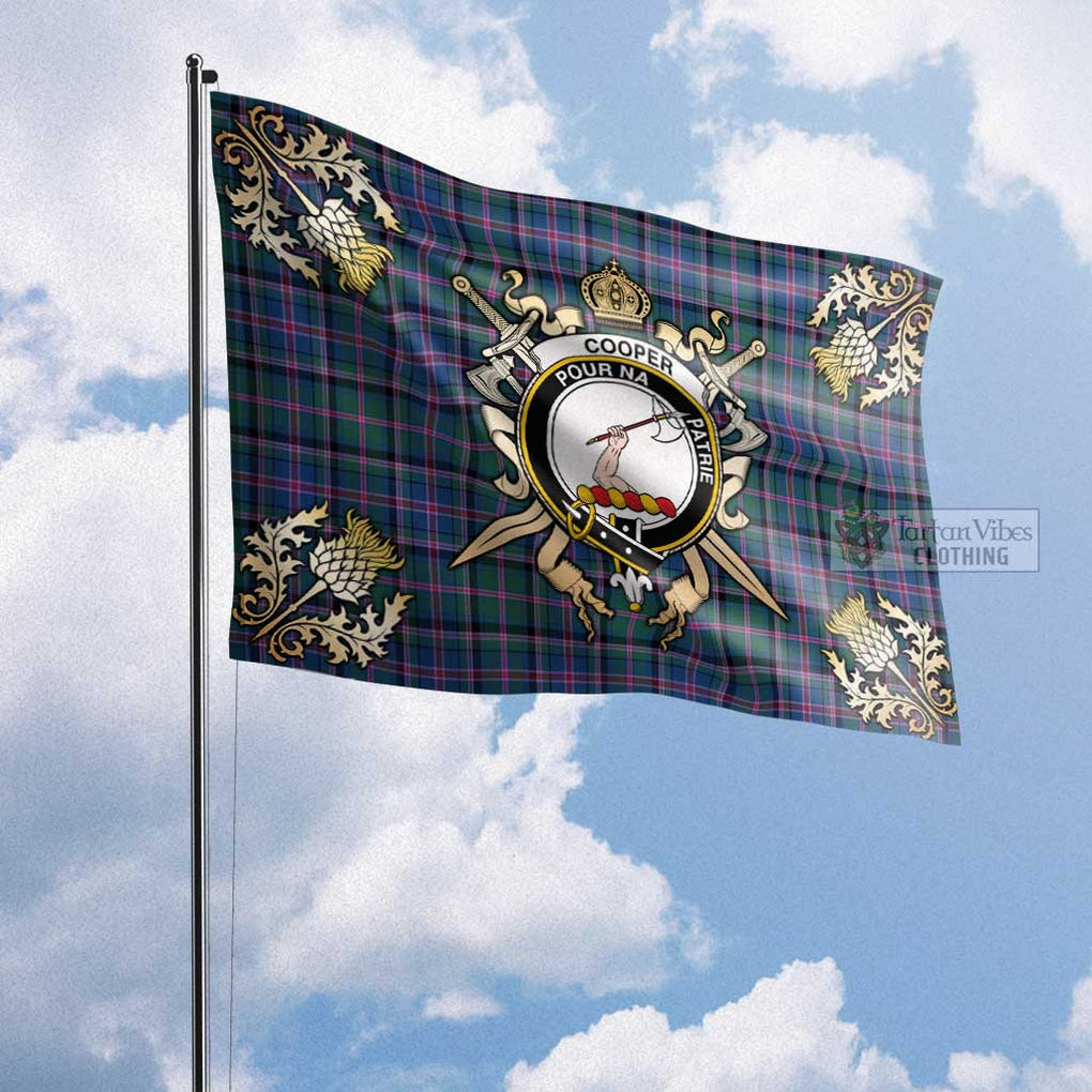 Tartan Vibes Clothing Cooper Tartan Flag with Family Crest and Golden Thistle Crossed Sword Design