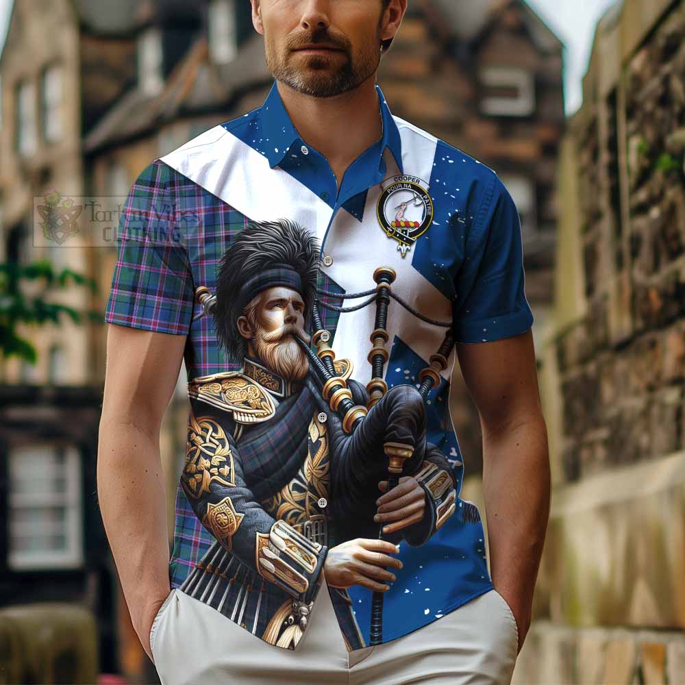 Tartan Vibes Clothing Cooper Tartan Short Sleeve Button Shirt with Family Crest Scottish Bagpiper Vibes