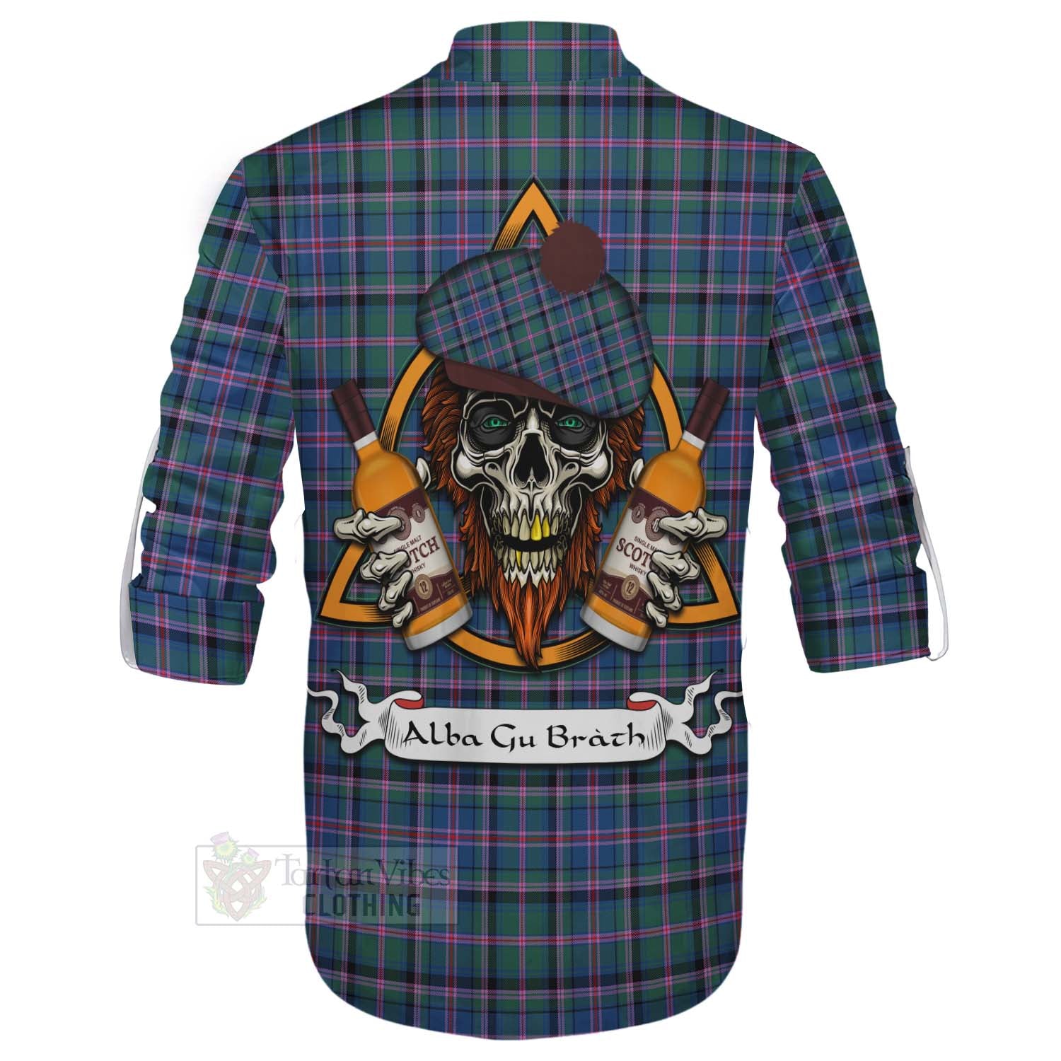 Tartan Vibes Clothing Cooper Tartan Ghillie Kilt Shirt with Family Crest and Bearded Skull Holding Bottles of Whiskey