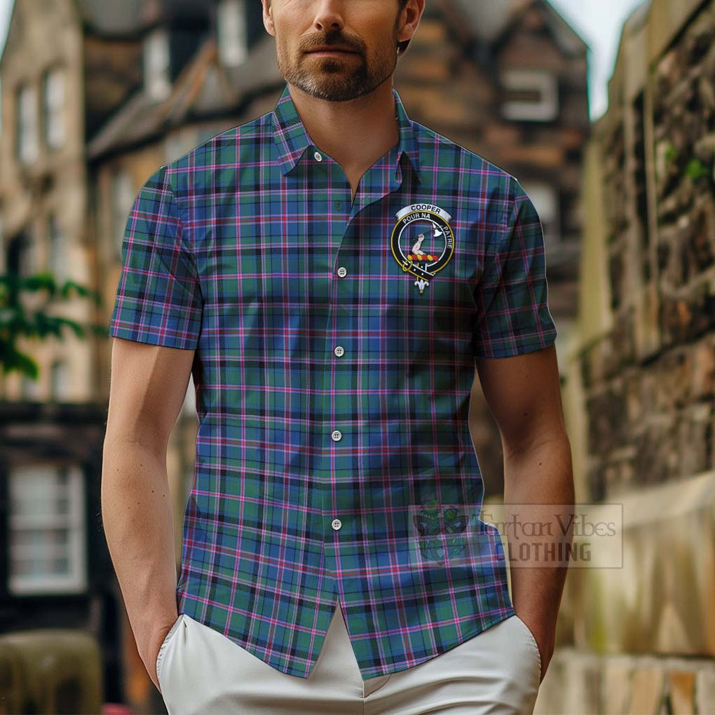 Tartan Vibes Clothing Cooper Tartan Short Sleeve Button Shirt with Family Crest Celtic Skull Style