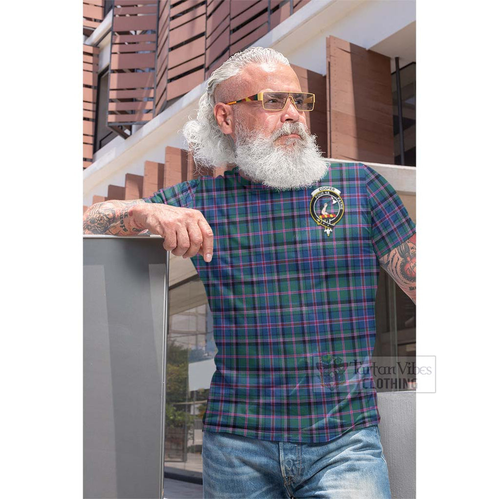 Tartan Vibes Clothing Cooper Tartan Cotton T-shirt with Family Crest and Bearded Skull Holding Bottles of Whiskey