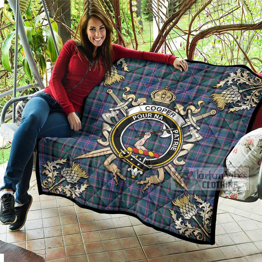 Tartan Vibes Clothing Cooper Tartan Quilt with Family Crest and Scottish Golden Courage Shield