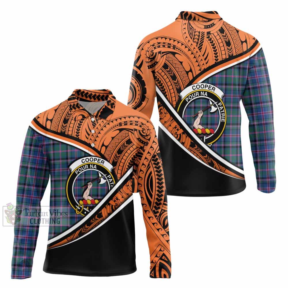 Tartan Vibes Clothing Cooper Crest Tartan Long Sleeve Polo Shirt with Maori Tattoo Style - Orange Version