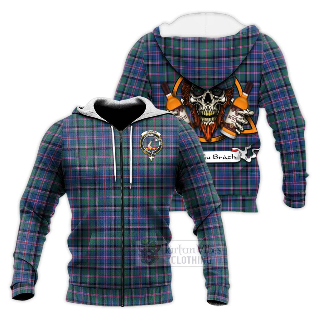 Tartan Vibes Clothing Cooper Tartan Knitted Hoodie with Family Crest and Bearded Skull Holding Bottles of Whiskey