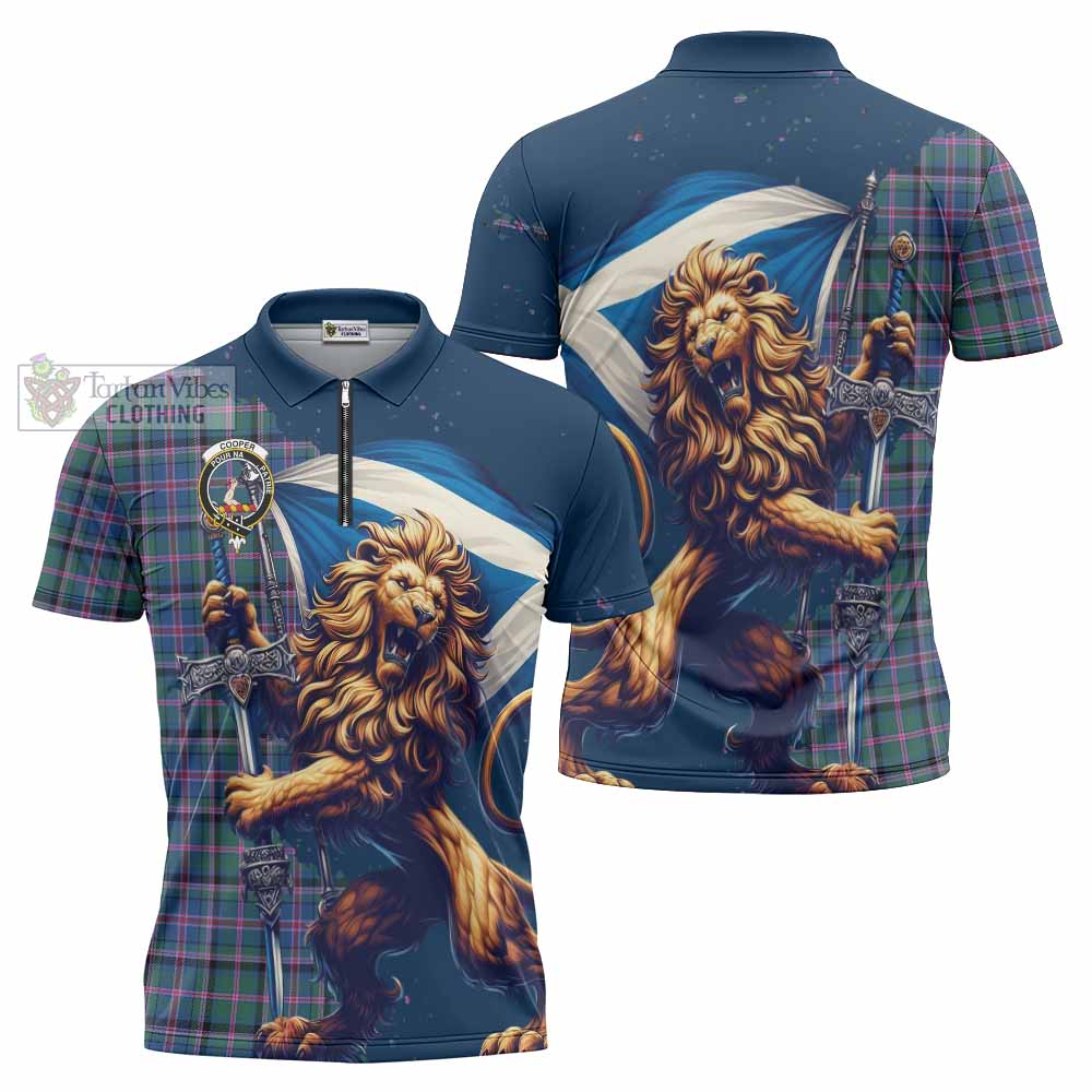 Tartan Vibes Clothing Cooper Tartan Family Crest Zipper Polo Shirt with Scottish Majestic Lion