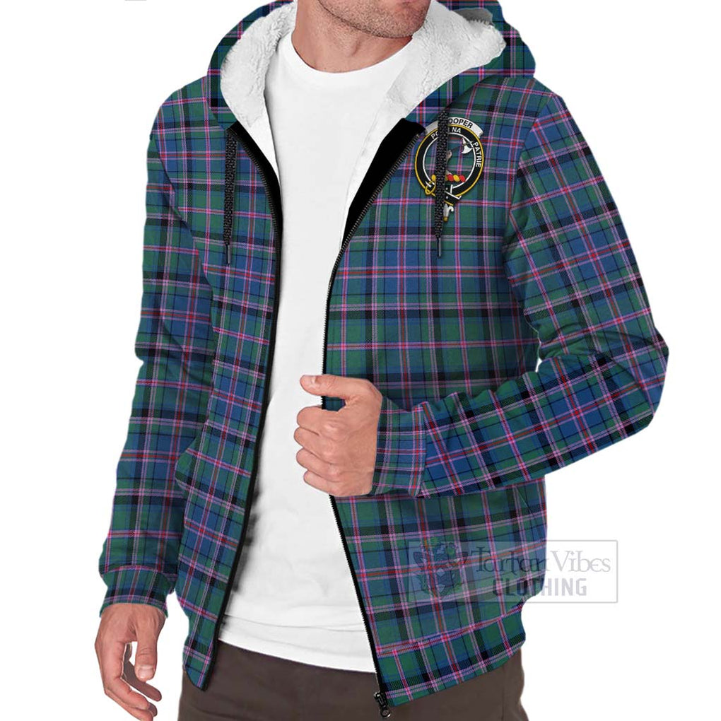 Tartan Vibes Clothing Cooper Tartan Sherpa Hoodie with Family Crest and Bearded Skull Holding Bottles of Whiskey