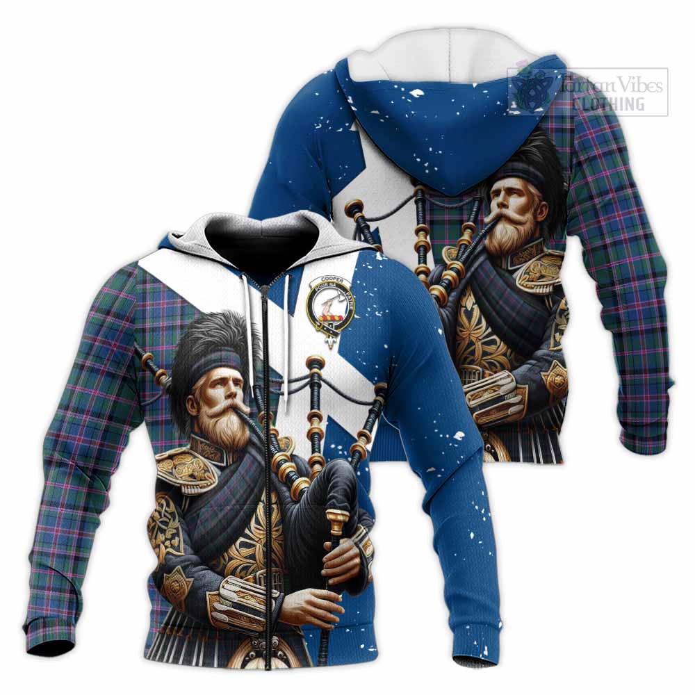 Tartan Vibes Clothing Cooper Tartan Knitted Hoodie with Family Crest Scottish Bagpiper Vibes