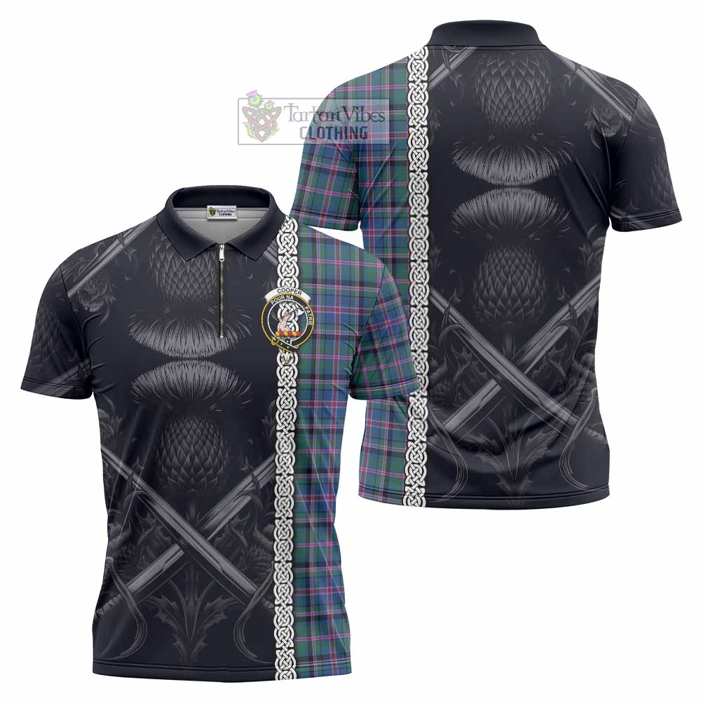 Tartan Vibes Clothing Cooper Tartan Zipper Polo Shirt with Family Crest Cross Sword Thistle Celtic Vibes