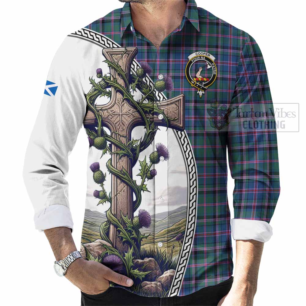 Tartan Vibes Clothing Cooper Tartan Long Sleeve Button Shirt with Family Crest and St. Andrew's Cross Accented by Thistle Vines