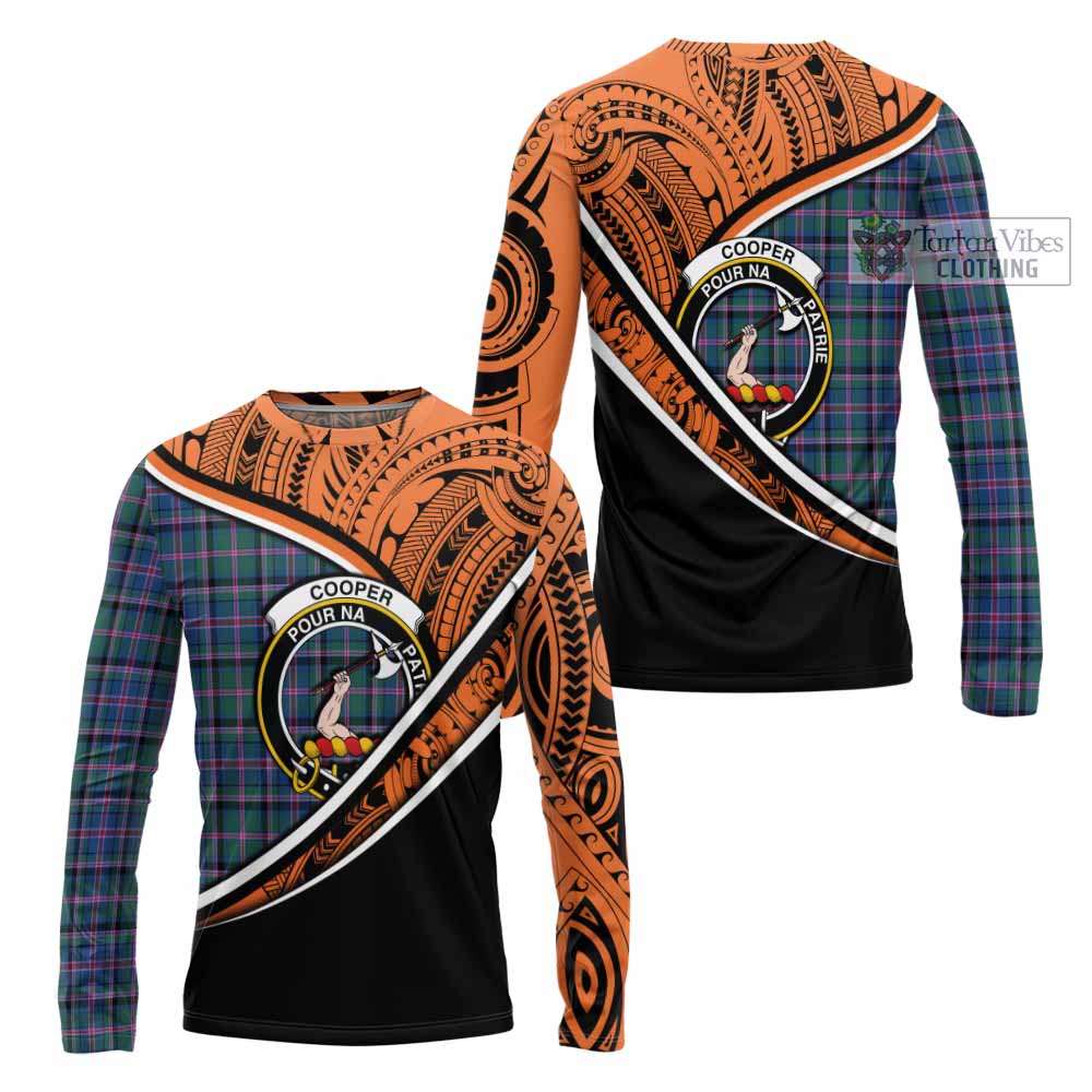 Tartan Vibes Clothing Cooper Crest Tartan Long Sleeve T-Shirt with Maori Tattoo Style - Orange Version